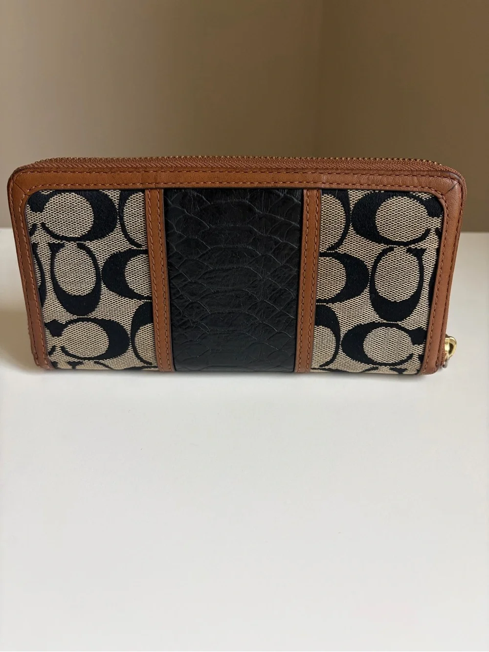 Coach Signature Canvas and Leather Zip Wallet in Brown/Black